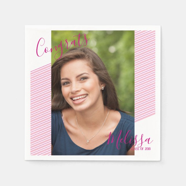 Modern Pink Striped Graduation Photo Napkins (Front)
