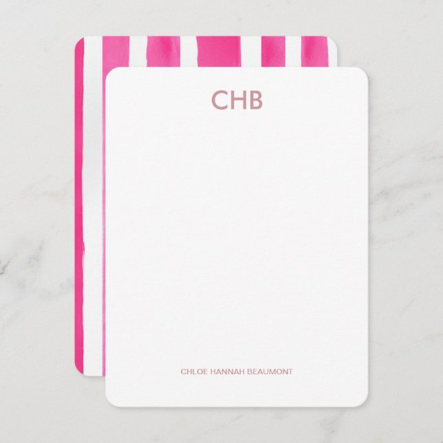 Modern Pink Striped Monogrammed Initial & Name Card (Front/Back)