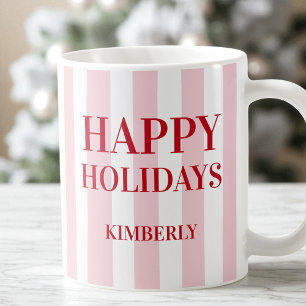 Modern Pink Striped Personalised Happy Holidays Coffee Mug