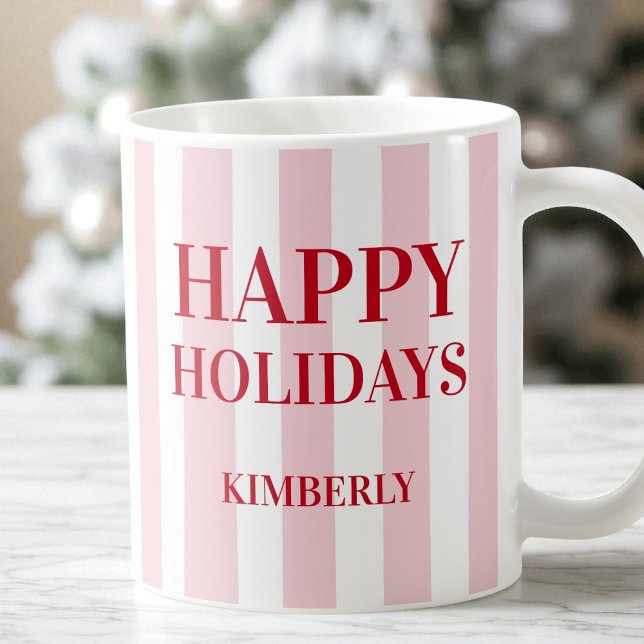 Modern Pink Striped Personalised Happy Holidays Coffee Mug (Modern Pink Striped Personalized Happy Holidays Coffee Mug)