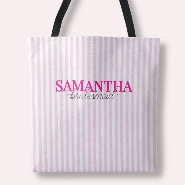 Modern Pink Striped Script Personalised Bridesmaid Tote Bag (Modern Pink Striped Script Personalized Bridesmaid Tote Bag)