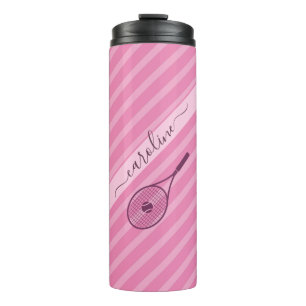 Modern Pink Striped Tennis Theme Calligraphy Name  Thermal Tumbler