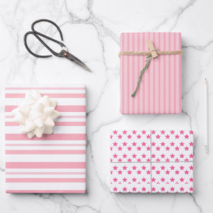 Modern Pink Stripes And Stars Christmas  Wrapping Paper Sheet