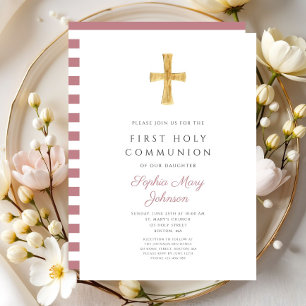 Modern Pink Stripes Cross Girl First Communion Invitation