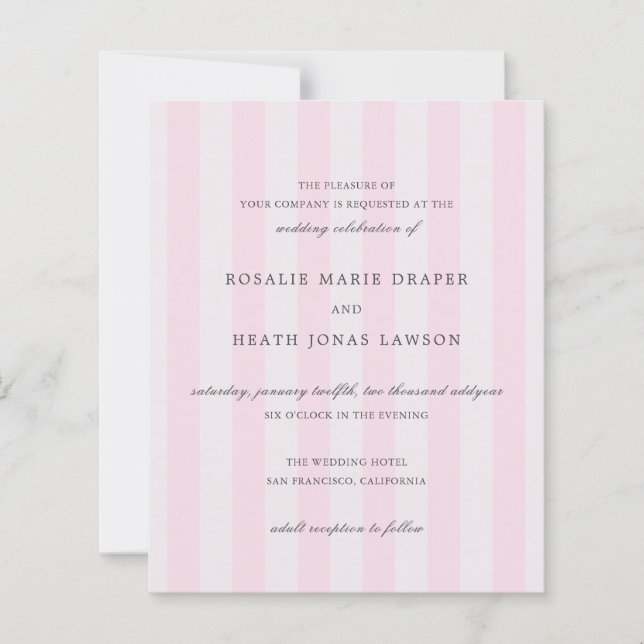Modern Pink Stripes Elegant Budget Wedding Invite (Front)