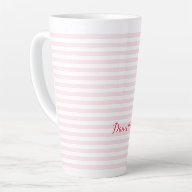 Modern Pink Stripes Elegant Typography Monogrammed Latte Mug (Left Angle)