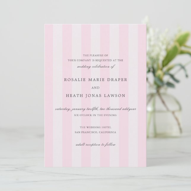 Modern Pink Stripes Elegant Wedding Invitation (Standing Front)
