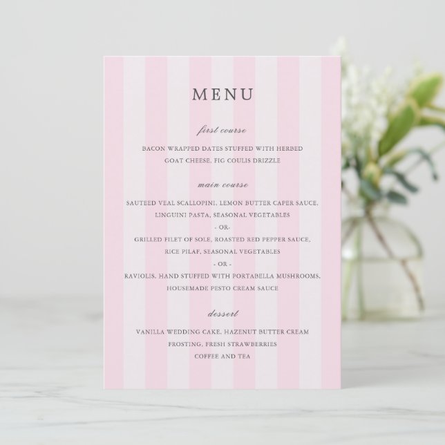 Modern Pink Stripes Elegant Wedding Menu (Standing Front)