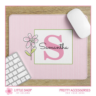 Modern Pink Stripes Floral Monogrammed Mouse Mat