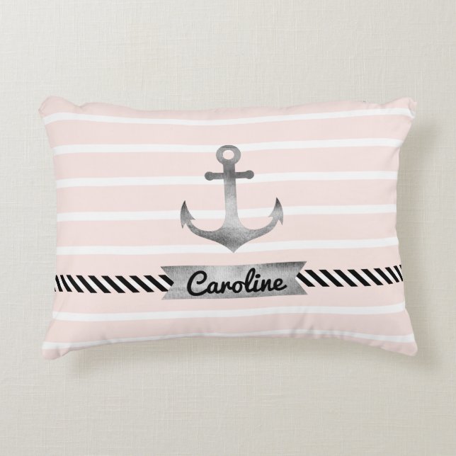 Modern Pink Stripes Grey Anchor Personalised Decorative Cushion (Front)