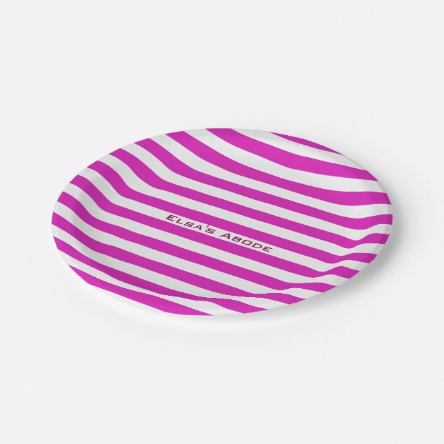 Modern Pink Stripes on any Colour with Custom Text Paper Plate (Angled)