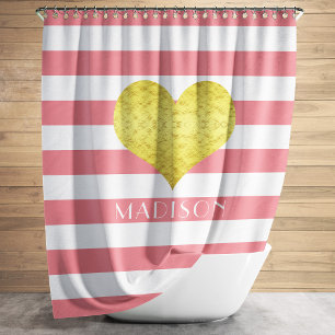 Modern Pink Stripes Pattern Name Shower Curtain