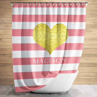 Modern Pink Stripes Pattern Name Shower Curtain