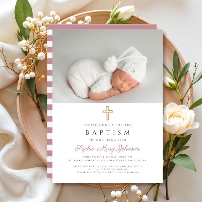 Modern Pink Stripes Religious Cross Photo Baptism Invitation (Modern Pink Stripes Religious Cross Photo Baptism Invitation)