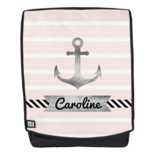 Modern Pink Stripes Watercolor Anchor Custom Backpack