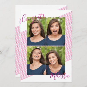 Modern Pink Stripped Graduation Photo Invitations