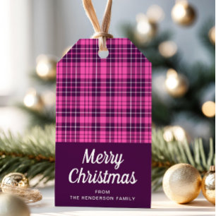 Modern Pink Tartan Plaid Christmas Gift Tags