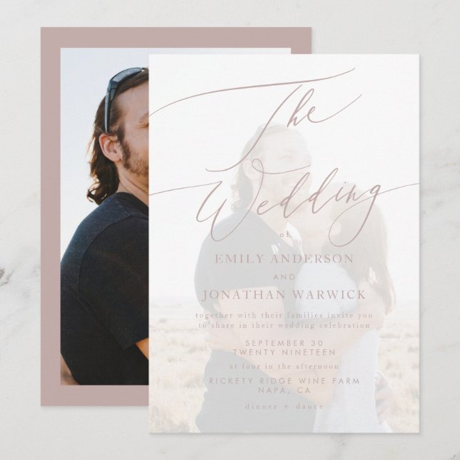 Modern Pink Taupe Calligraphy Simple Photo Wedding Invitation (Front/Back)