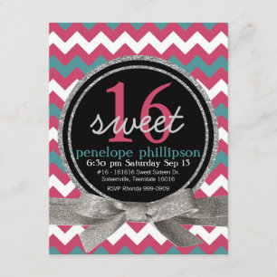 Modern Pink Teal Chevron Girly Sweet 16 Invitation