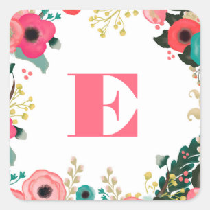 Modern  Pink Teal Floral  Monogram Wedding Square Sticker