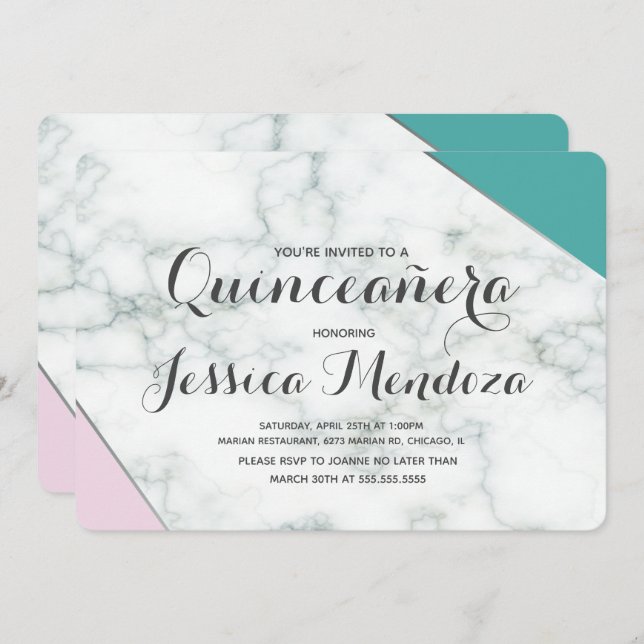 Modern Pink Teal Marble Quinceañera Sweet 15 Invitation (Front/Back)