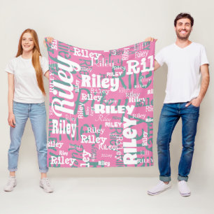 Modern Pink Teal & White Name Repeat Typography Fleece Blanket