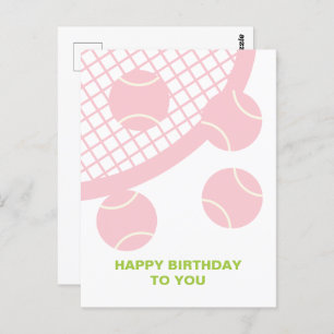 Modern Pink Tennis Ball Racket Happy Birthday Postcard