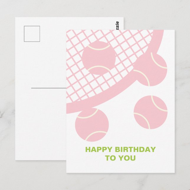Modern Pink Tennis Ball Racket Happy Birthday Postcard (Front/Back)