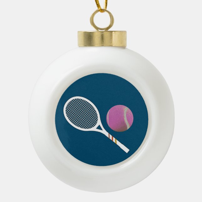 Modern Pink Tennis Ball Retro Racket  Ceramic Ball Christmas Ornament (Front)
