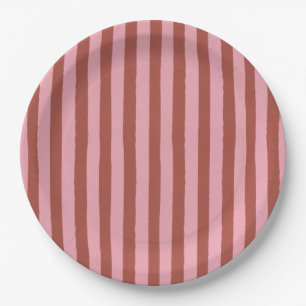 Modern Pink & Terracotta Vertical Stripes Pattern Paper Plate