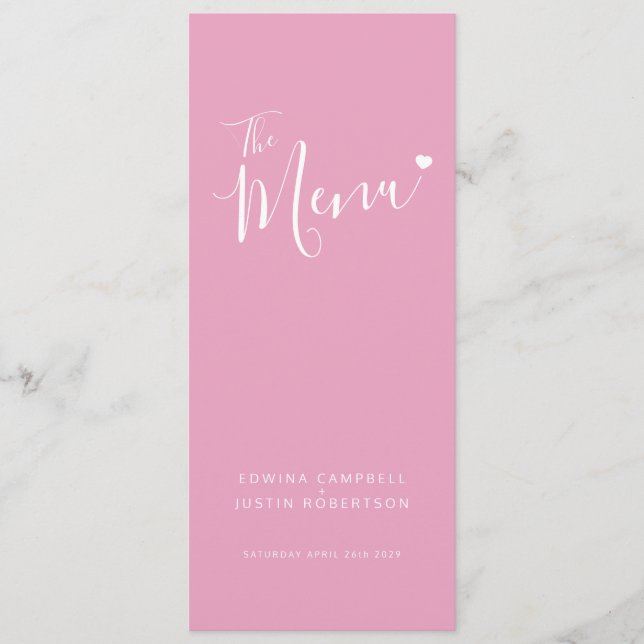 Modern pink text white heart simple wedding menu (Front)