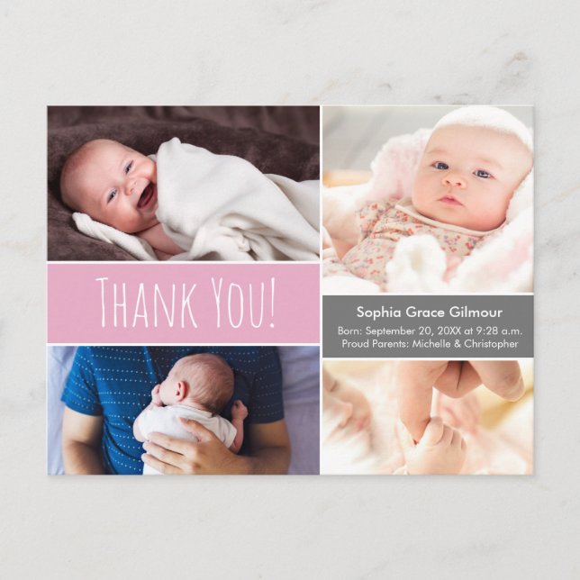 Modern Pink Thank you Baby Girl photo Collage Announcement Postcard (Front)