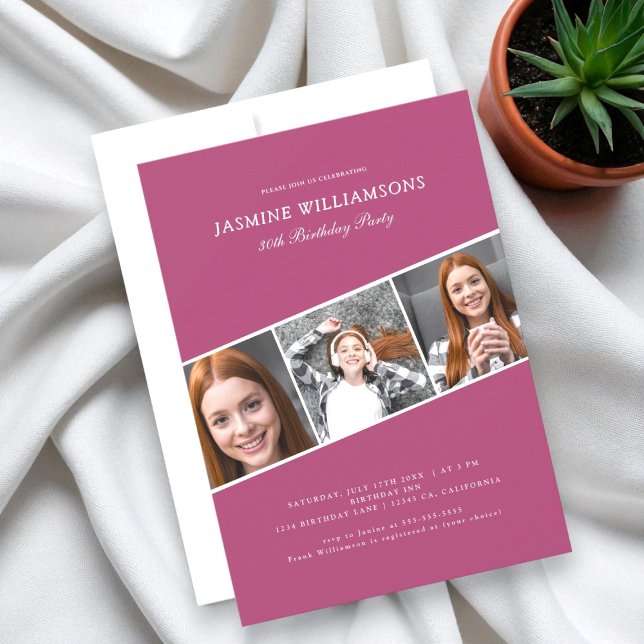 Modern pink three photo collage birthday  invitation (Creator Uploaded)