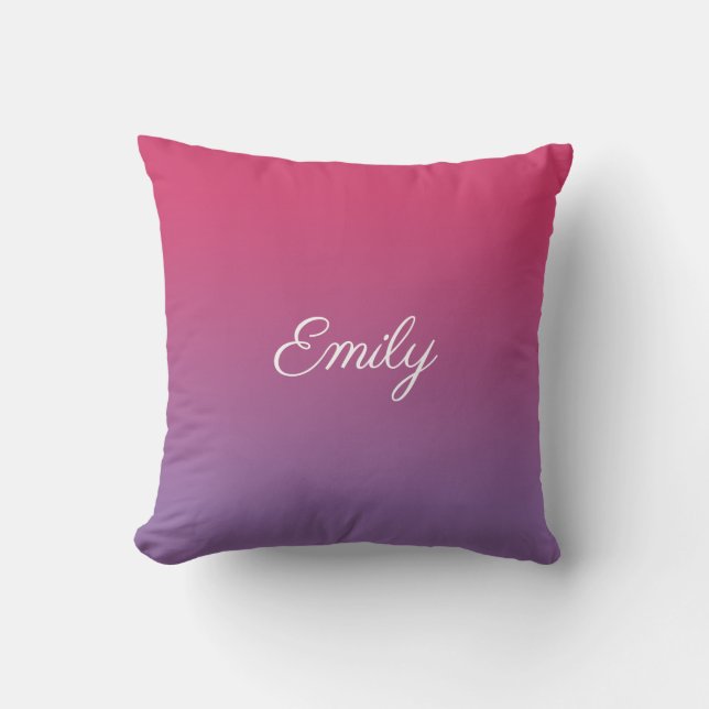 Modern Pink to Purple Gradient White Script Name Cushion (Front)