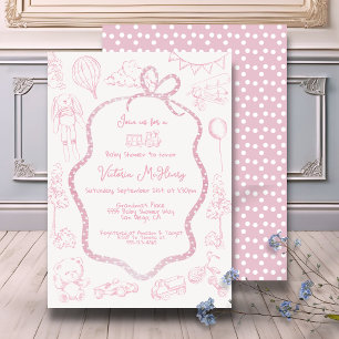 Modern Pink Toile de Jouy Baby Shower girl Invitation