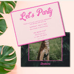 Modern Pink Tropical Bat Mitzvah Party Invitation<br><div class="desc">Invite your guests in style with these neon tropical pink Bat Mitzvah invitations. The design features green palm leaves,  a photo on the back,  and pink personalised text to share the details of your event. Enter the Zazzle Design Tool to make additional adjustments to text or the photo.</div>