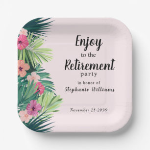 Modern Pink Tropical Flower Retirement Party Paper Plate