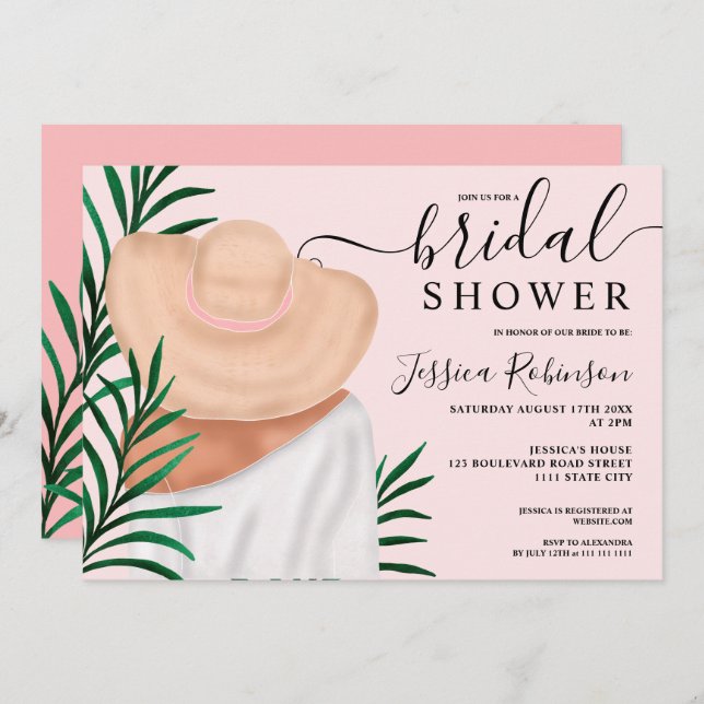 Modern pink tropical illustration bridal shower invitation (Front/Back)