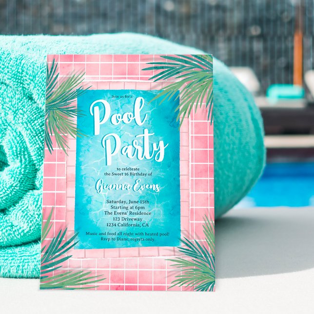 Modern pink Tropical palm blue pool party Sweet 16 Invitation (Modern pink Tropical palm blue pool party Sweet 16 Invitation)