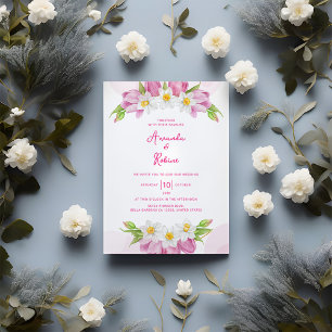 Modern Pink Tulip and Narcissus Floral Wedding Invitation