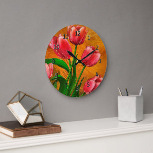 Modern Pink Tulip Floral Leaves Acrylic Wall Clock