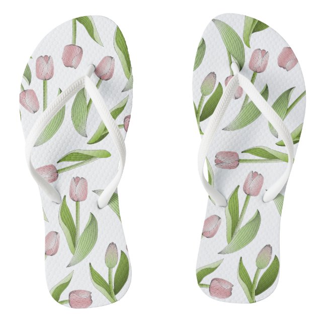 Modern Pink Tulip Flower Pattern Flip Flops (Footbed)