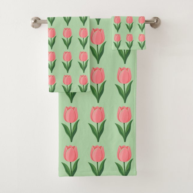 Modern Pink Tulip Flower Pattern on Light Green Bath Towel Set (Insitu)