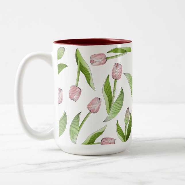 Modern Pink Tulip Flower Pattern Two-Tone Coffee Mug (Left)