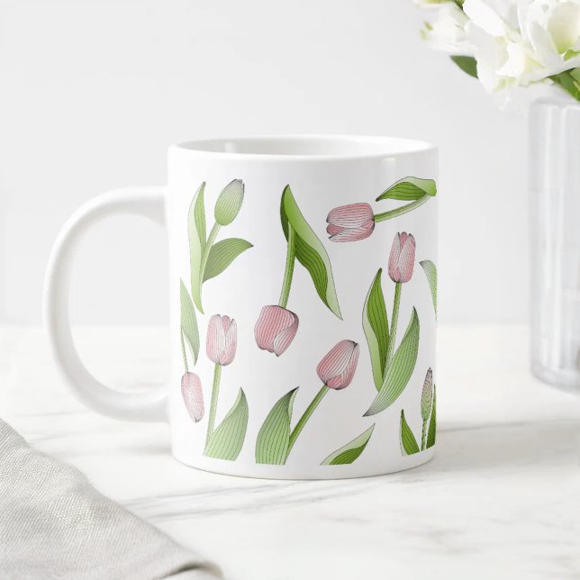 Modern Pink Tulip Pattern Large Coffee Mug (Creator Uploaded)