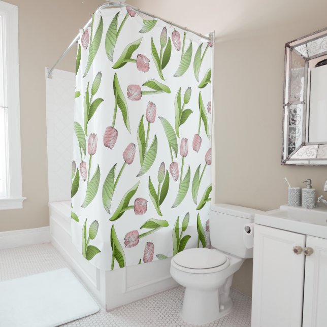 Modern Pink Tulip Pattern Shower Curtain (In Situ)