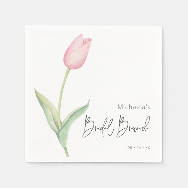 Modern Pink Tulip Solo Bridal Brunch Cocktail Napkin (Front)