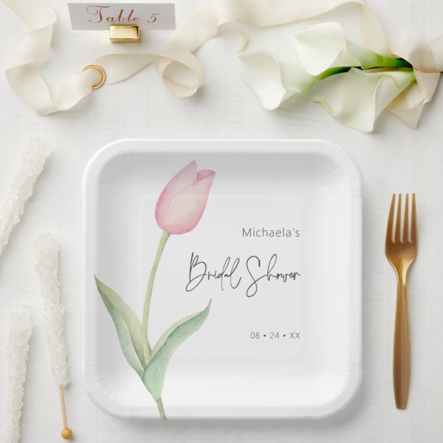 Modern Pink Tulip Solo Bridal Shower Luncheon Paper Plate (Wedding)