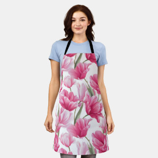 Modern Pink Tulip White Floral Pattern Apron