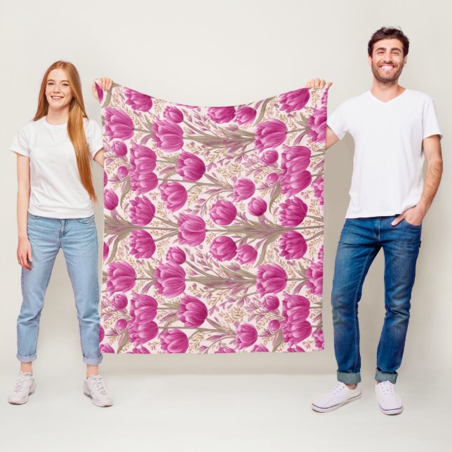 Modern Pink Tulip White Floral Pattern Fleece Blanket (In Situ)